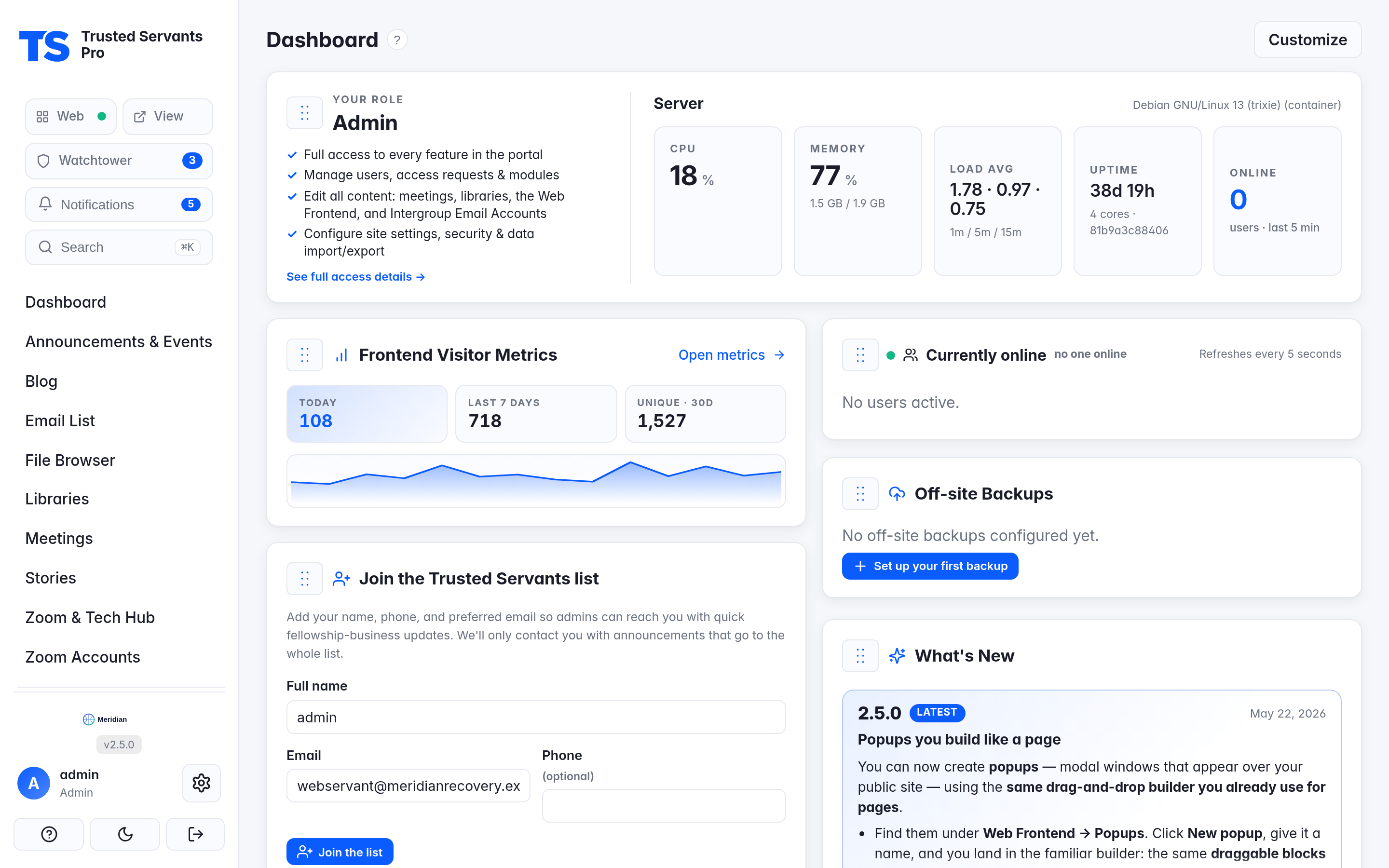 The Trusted Servants Pro admin dashboard